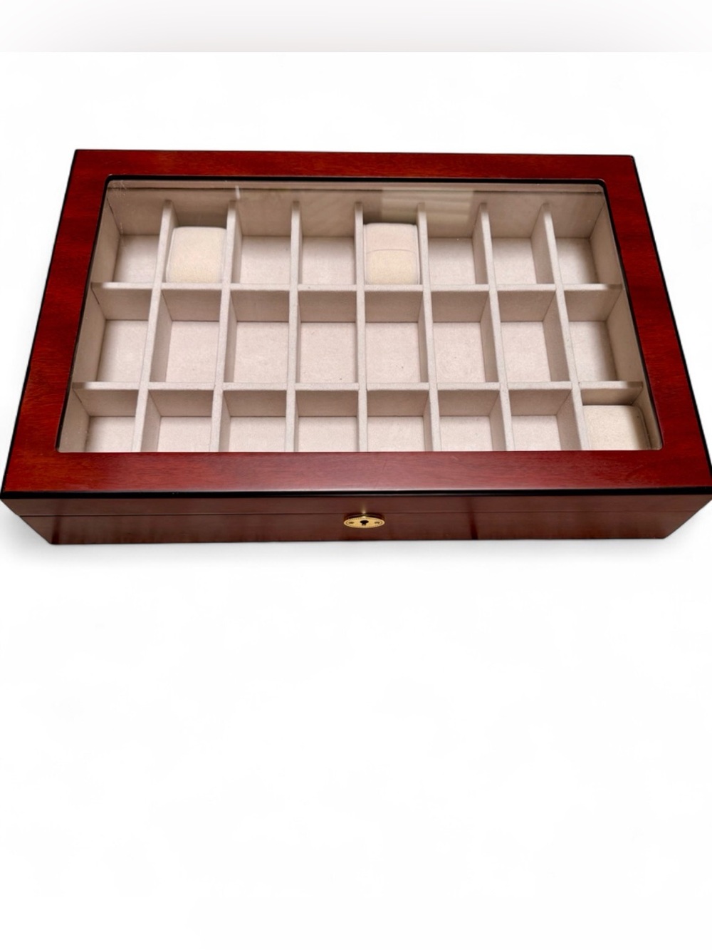 RARE Mahogany Wood 24-Slot Watch Jewelry Display Box with Glass Top - Vintage